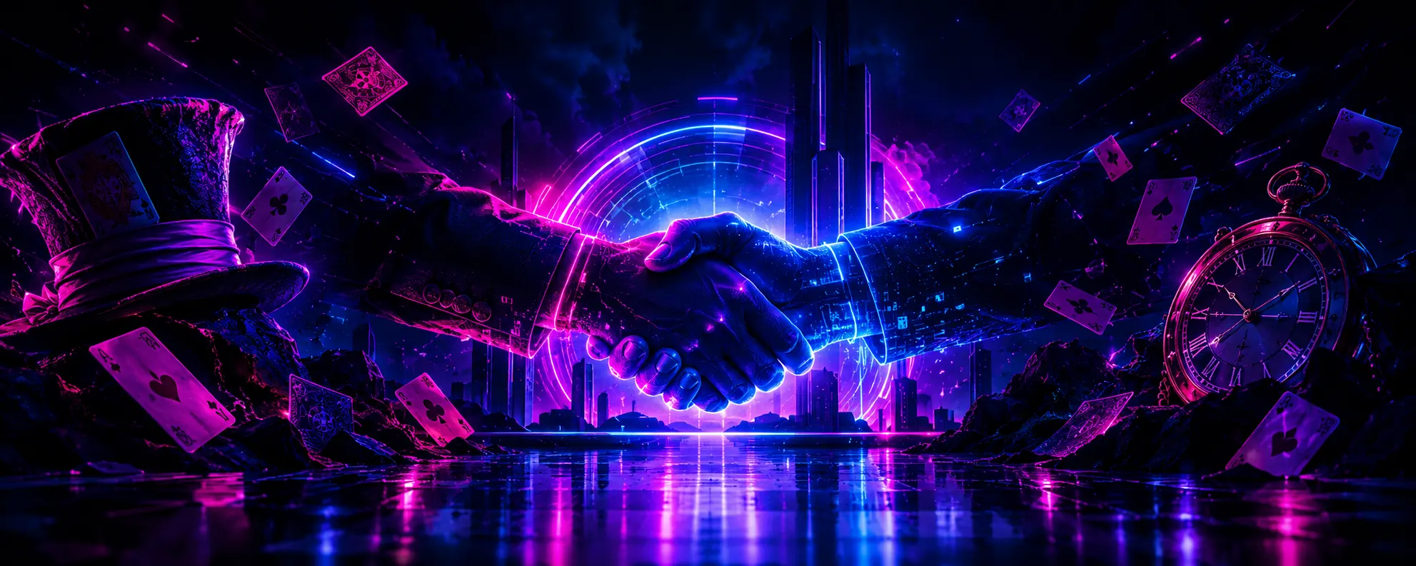 Aperto de mãos neon em cenário cyberpunk